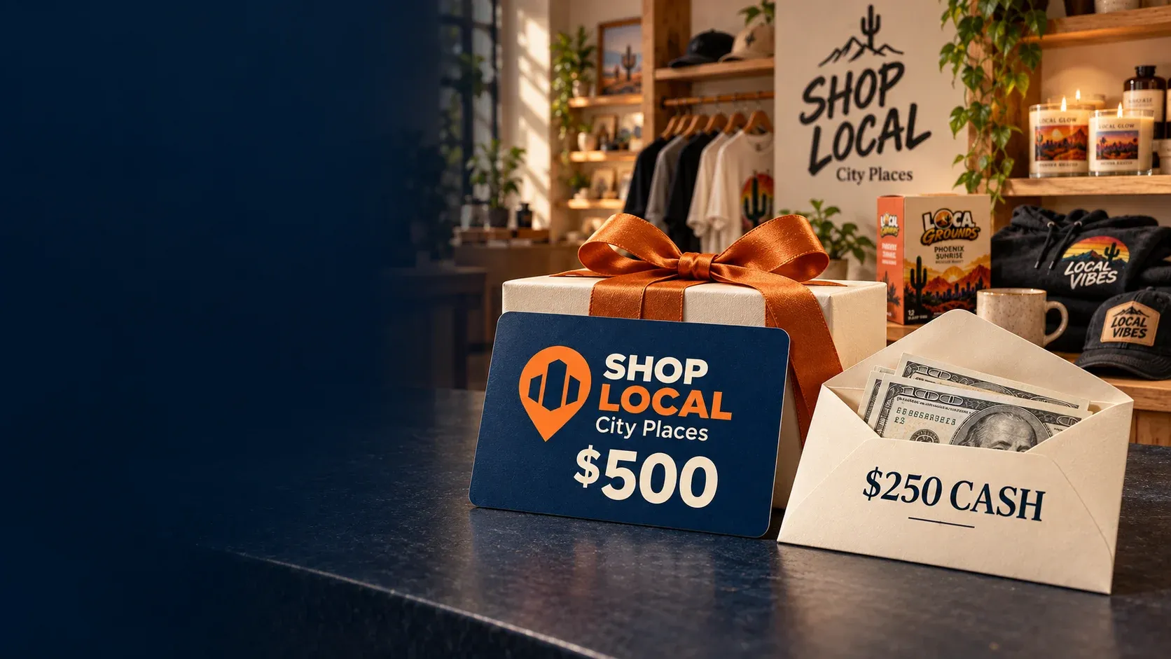 $500 SHOP LOCAL Wisconsin Places gift card and $250 cash envelope in front of a SHOP LOCAL store and product display.